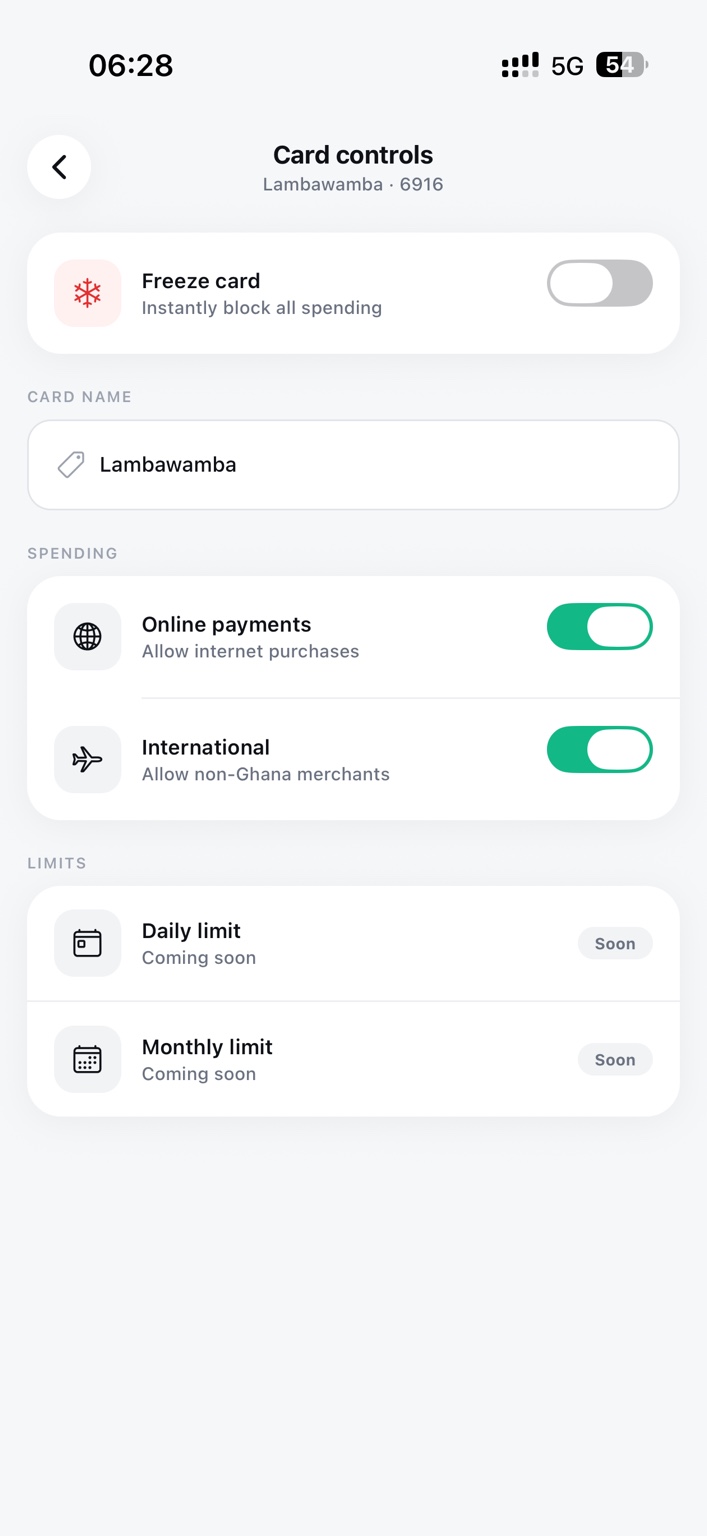 Card controls screen for online and international payments