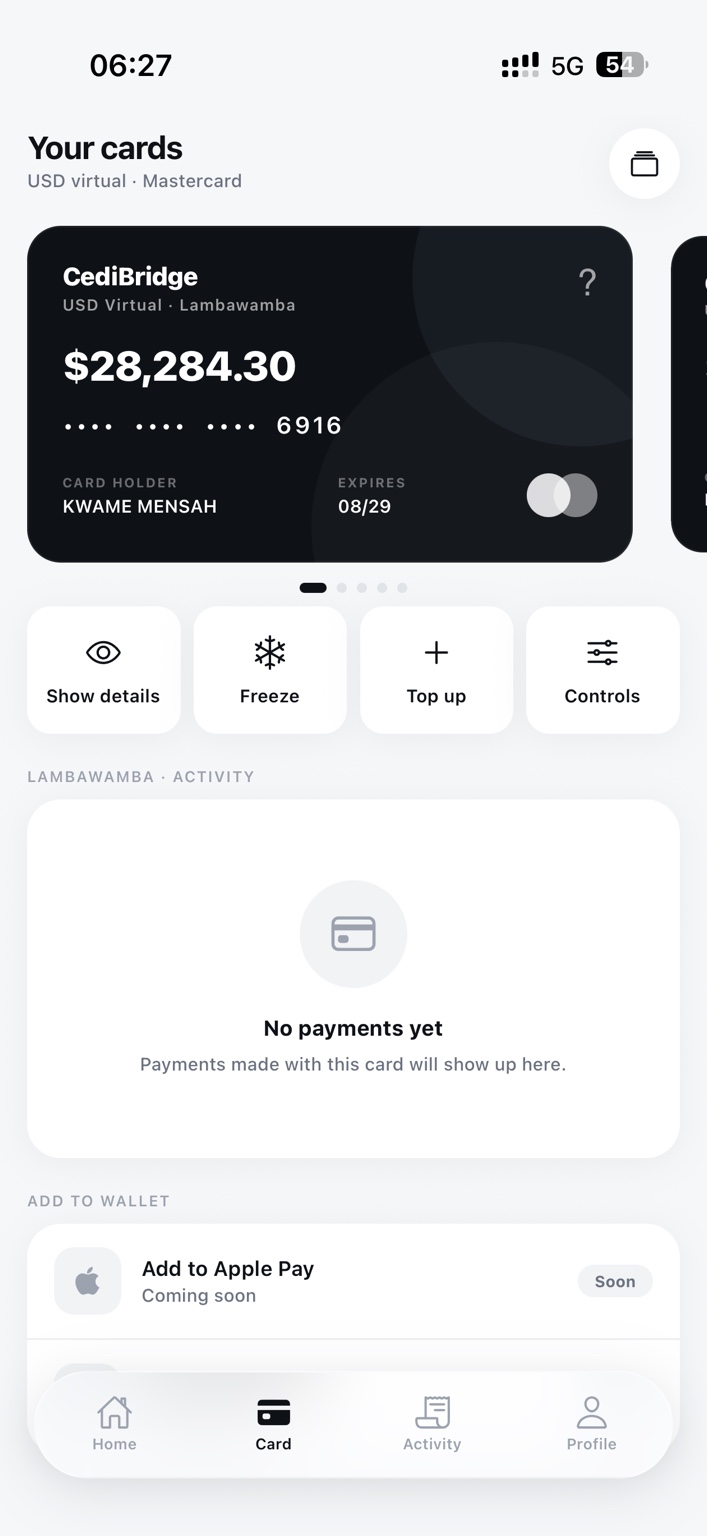 CediBridge virtual USD card screen