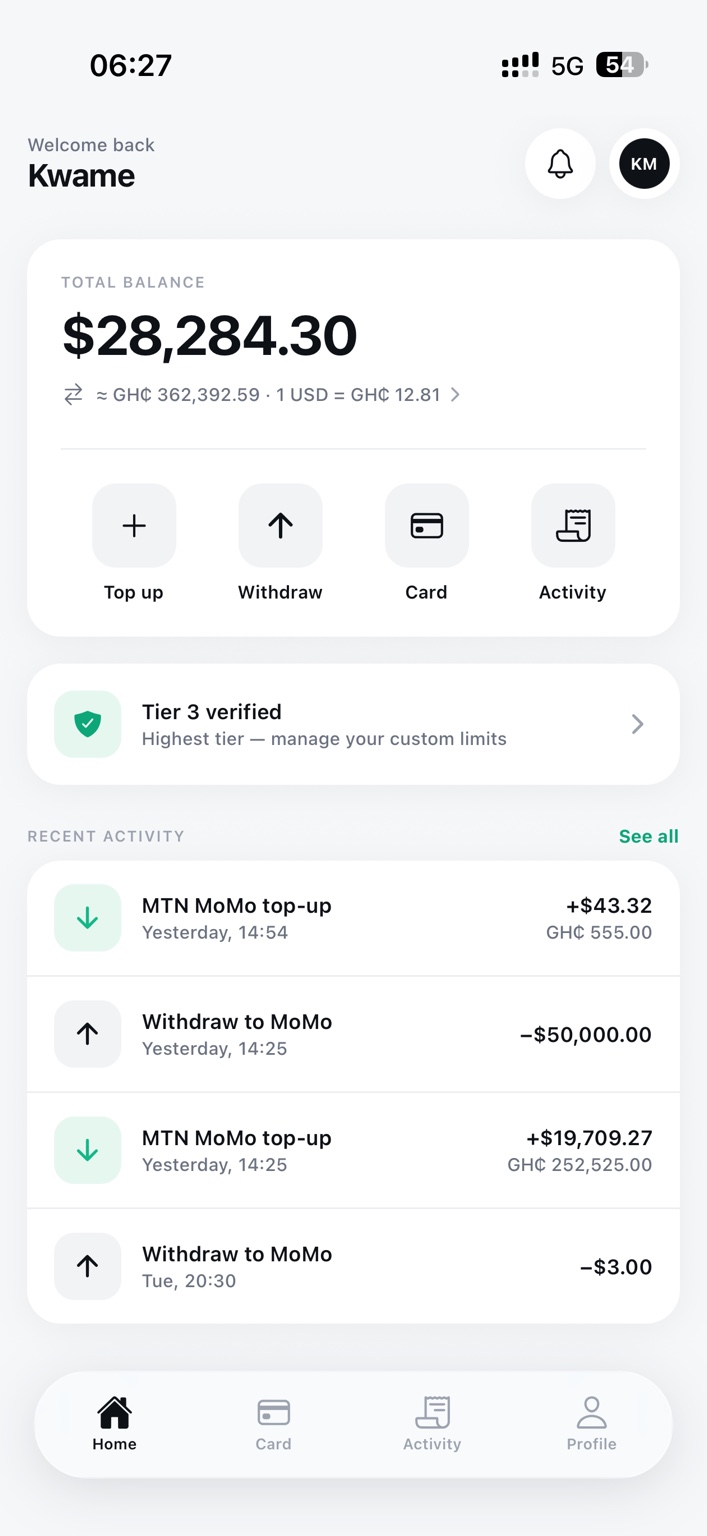 CediBridge app home screen showing balance and recent activity