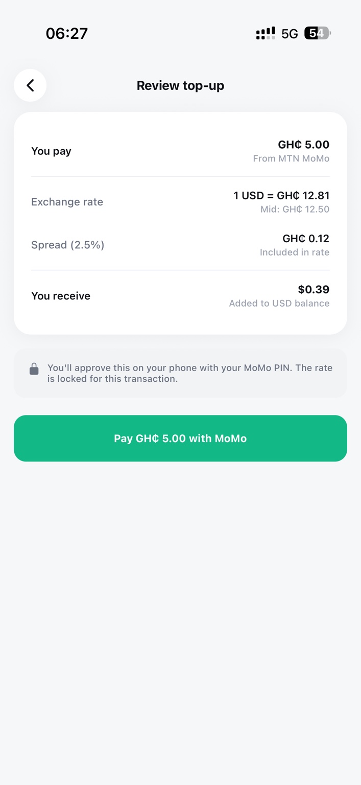 Review top-up screen with transparent exchange rate and spread